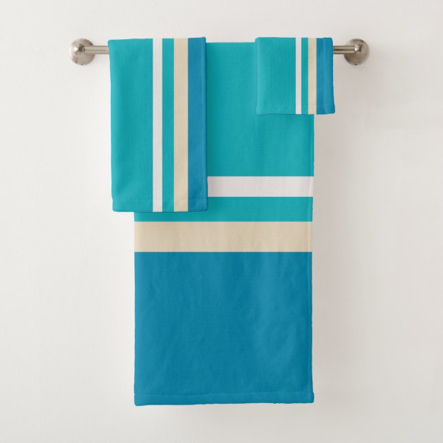 Teal Blue, green and Turquoise Stripes Bath Towel Set (Insitu)