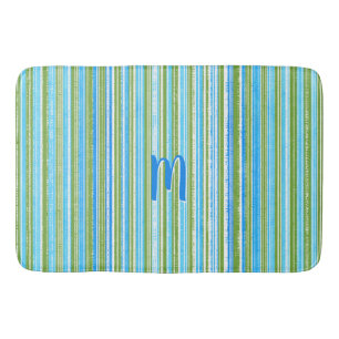 Teal, Blue, Green, and White Stripe Pattern Bath Mat