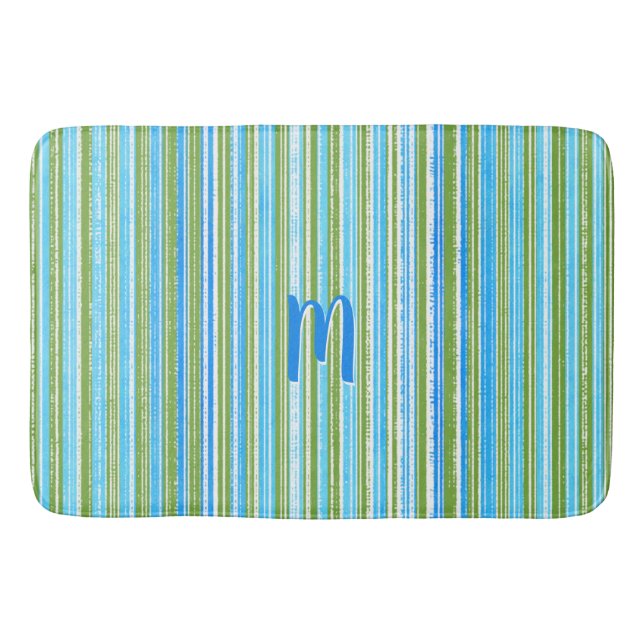 Teal, Blue, Green, and White Stripe Pattern Bath Mat (Front)