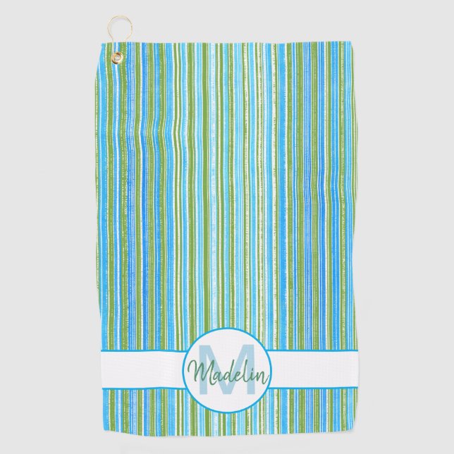 Teal, Blue, Green, and White Stripes Golf Towel (Front)