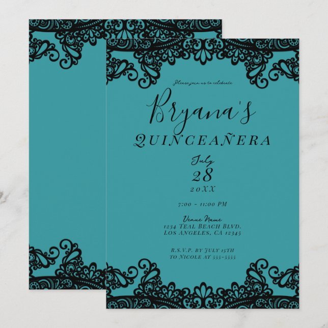 Teal Blue Green Black Lace 15th Quinceañera Party Invitation (Front/Back)