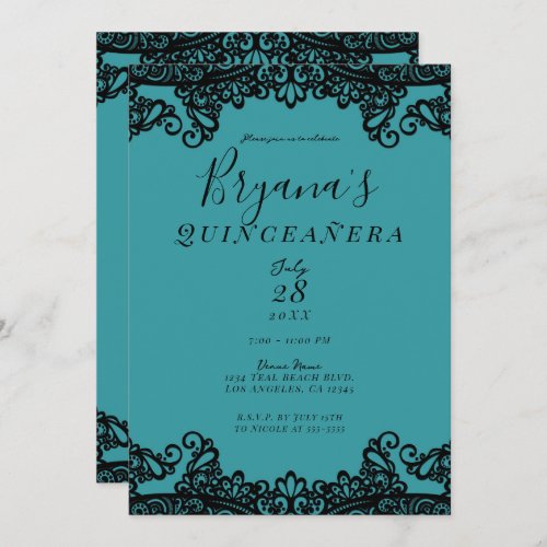 Teal Blue Green Black Lace 15th Quinceaera Party Invitation