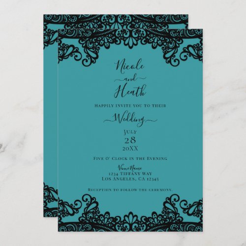 Teal Blue Green  Black Lace Elegant Wedding     Invitation
