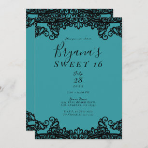 Teal Blue Green Black Lace Sweet 16 Party Invitation