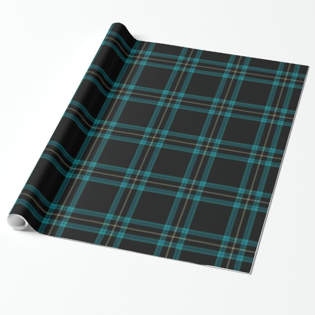 Teal Blue Green Black Tartan Plaid Wrapping Paper (Unrolled)