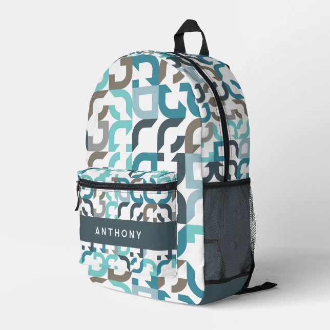 Teal Blue Green Brown Gray Midcentury Art Pattern Printed Backpack (Back Corner Right)