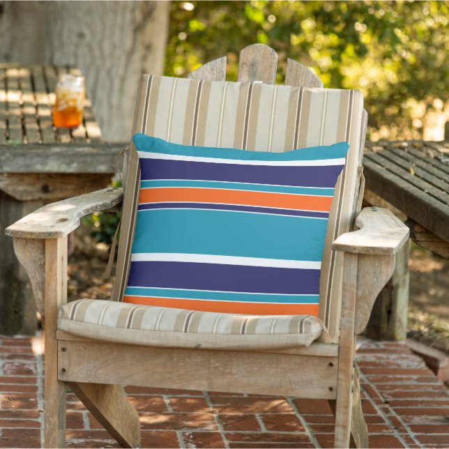 Teal Blue Green Burnt Sienna White Stripes Pattern Outdoor Pillow (Chair)