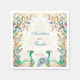 Teal blue green cerise floral peacock custom name napkins