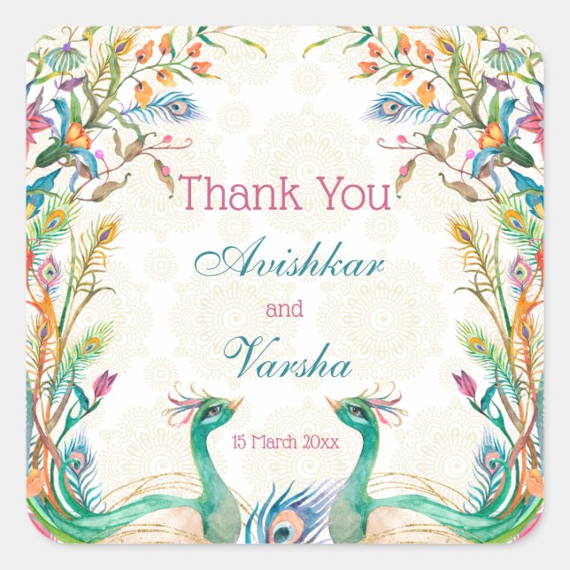 Teal blue green cerise floral peacock custom name square sticker (Front)