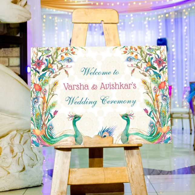 Teal blue green cerise floral peacock welcome foam board (Creator Uploaded)