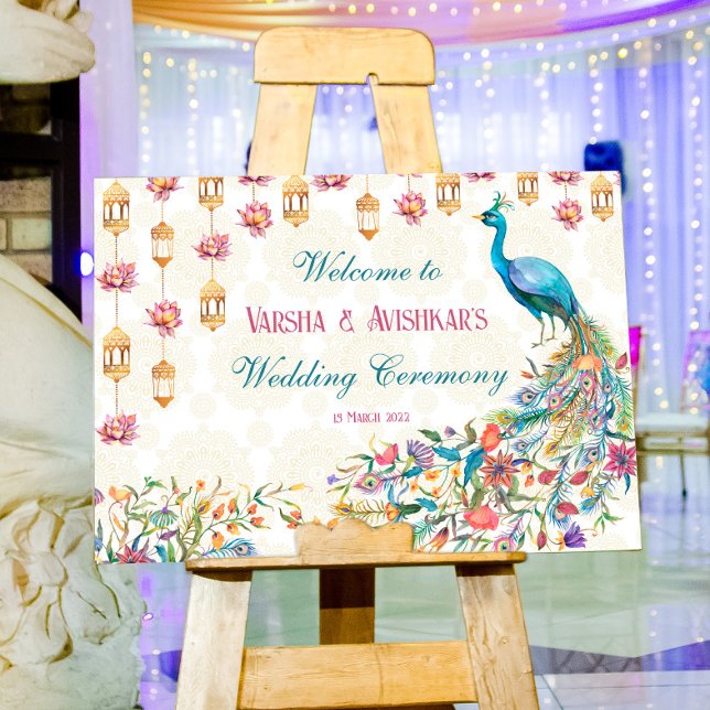 Teal blue green cerise floral peacock welcome foam board (Creator Uploaded)