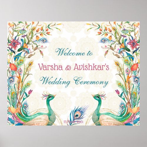 Teal blue green cerise floral peacock welcome poster