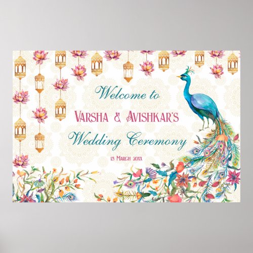 Teal blue green cerise floral peacock welcome  poster