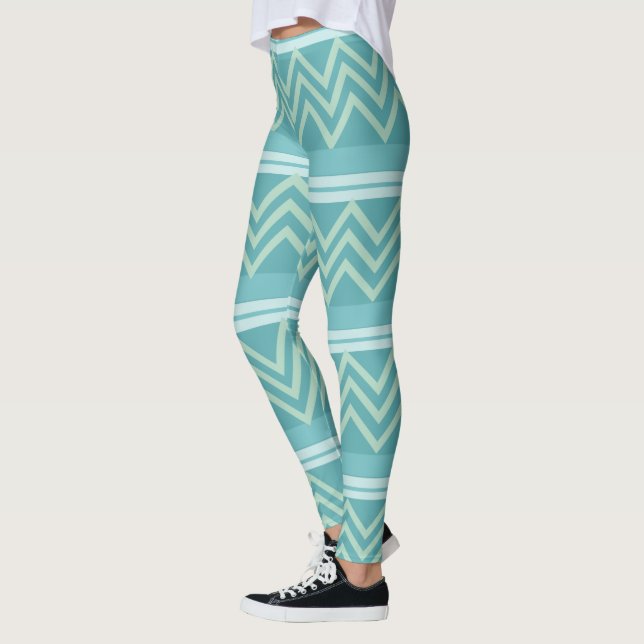 Teal Blue Green Chevron Geometric  Leggings (Left)