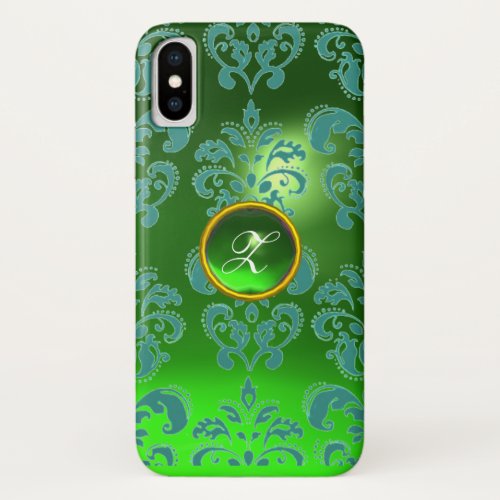 TEAL BLUE GREEN DAMASK GEMSTONE MONOGRAM iPhone X CASE