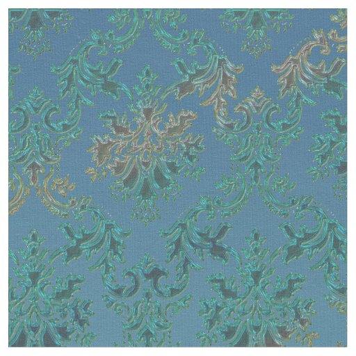 Teal Blue Green Damask Print Fabric