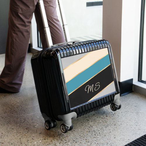 Teal Blue Green Ecru Cream Black Stripes Pattern Luggage