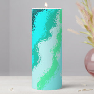 Teal Blue Green Expressive Painterly Pattern Pillar Candle