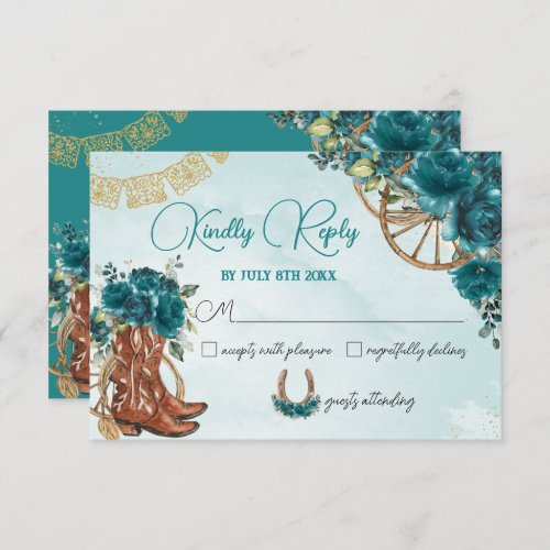 Teal Blue Green Floral Charro Quincea&#241;era Reply RSVP Card