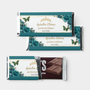 Teal Blue Green Floral Quinceañera Butterflies Hershey Bar Favors