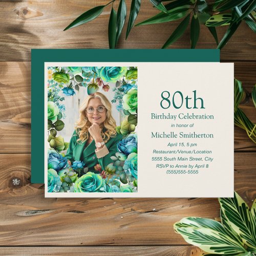 Teal Blue Green Flowers 80th Birthday Photo Invitation