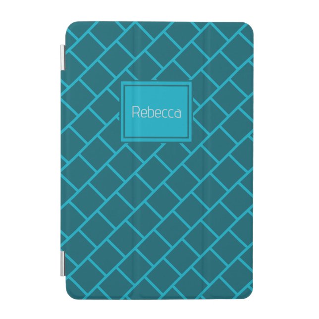 Teal Blue Green Geometric Brick Monogram Pattern iPad Mini Cover (Front)