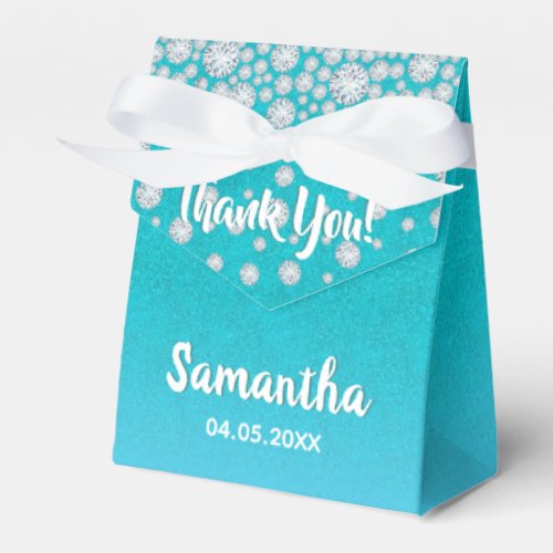 Teal blue green glitter diamonds thank you name favor boxes