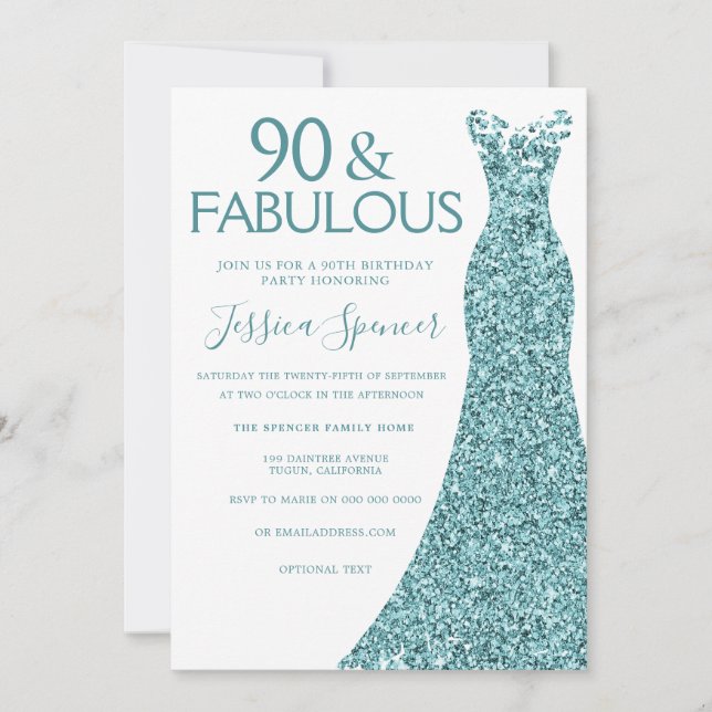 Teal Blue Green Glitter Dress 90th Birthday Party Invitation (Front)