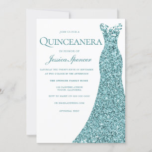 Teal Blue Green Glitter Dress Quinceanera Party Invitation