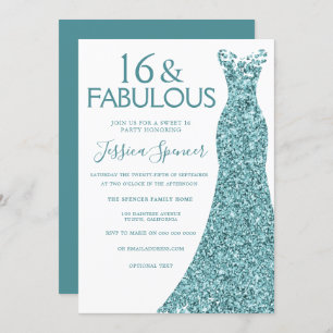 Teal Blue Green Glitter Dress Sweet 16 Party Invitation