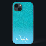 Teal blue green glitter monogram name iPhone 13 case<br><div class="desc">Teal,  blue green faux glitter gradient.  Template for your name and monogram letter.  White and teal colored letters.</div>