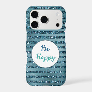 Teal Blue Green Glitter Stripes Be Happy iPhone 17 Pro Case