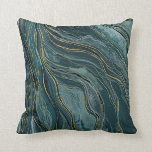 Teal Blue Green Gold Abstract Watercolor Waves Throw Pillow