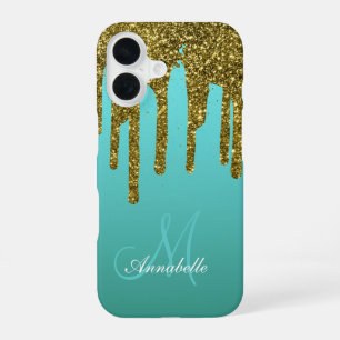 Teal Blue Green - Gold Glitter Drips Personalized iPhone 16 Case