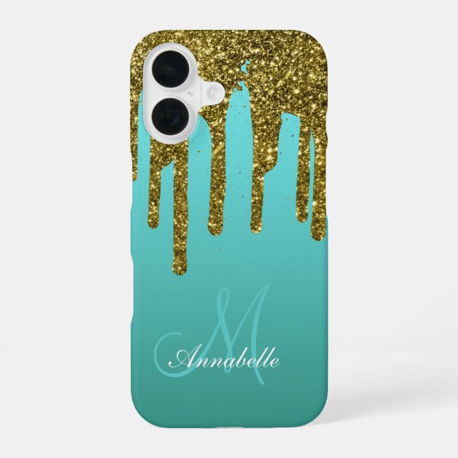 Teal Blue Green - Gold Glitter Drips Personalized iPhone Case (Back)