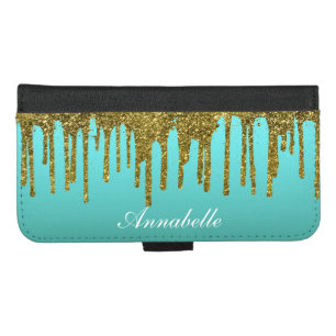 Teal Blue Green - Gold Glitter Drips Personalized iPhone 8/7 Plus Wallet Case