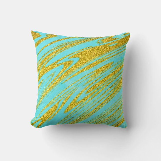 Teal Blue Green Gold Golden Glitter Artsy Patterns Throw Pillow (Front)