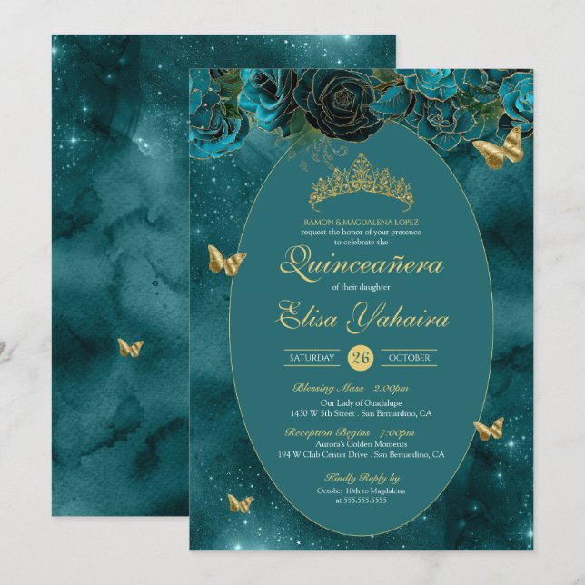 Teal Blue Green Gold Luxury Butterfly Quinceanera Invitation (Front/Back)