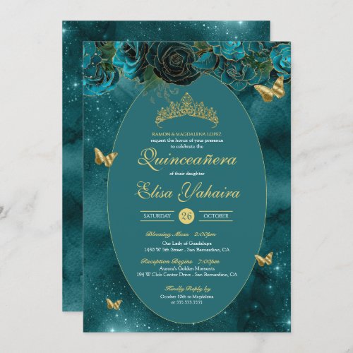 Teal Blue Green Gold Luxury Butterfly Quinceanera Invitation