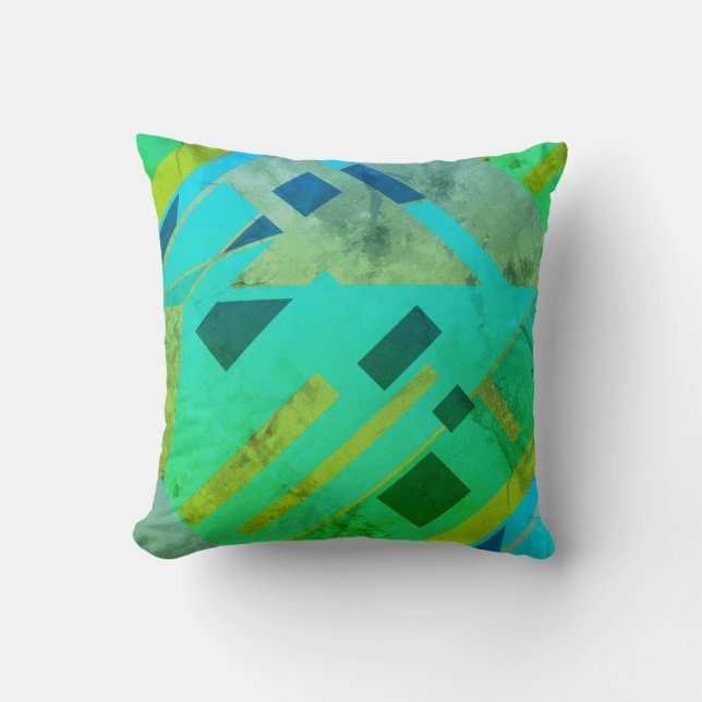 Teal Blue Green Gray Gold Diagonal MCM Look Motif Throw Pillow (Front)