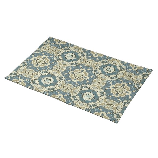 Teal Blue Green Gray Ochre Hip Bohemian Bali Art Cloth Placemat (On Table)