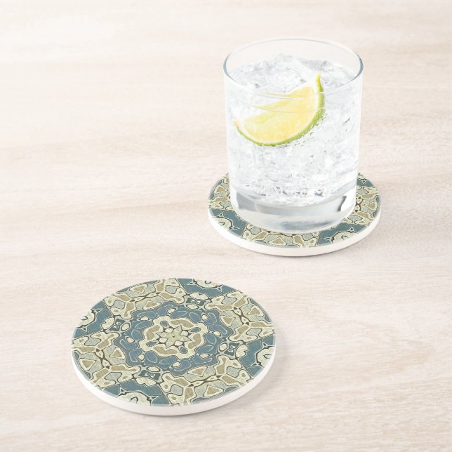 Teal Blue Green Gray Ochre Hip Bohemian Bali Art Coaster (Side)