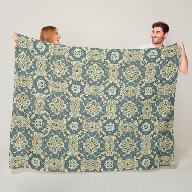 Teal Blue Green Gray Ochre Hip Bohemian Bali Art Fleece Blanket (In Situ)