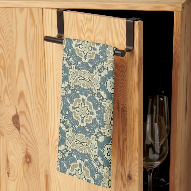 Teal Blue Green Gray Ochre Hip Bohemian Bali Art Kitchen Towel (Thirds Fold)
