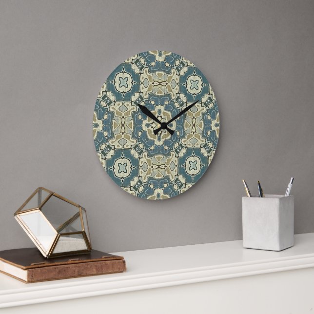 Teal Blue Green Gray Ochre Hip Bohemian Bali Art Large Clock (Office)