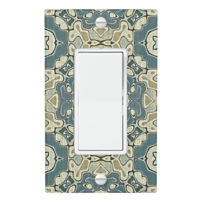 Teal Blue Green Gray Ochre Hip Bohemian Bali Art Light Switch Cover (In Situ)