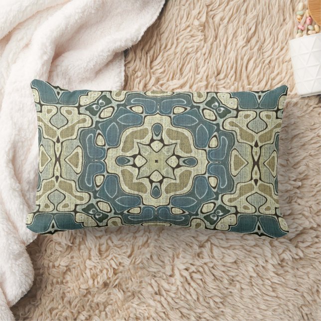 Teal Blue Green Gray Ochre Hip Bohemian Bali Art Lumbar Pillow (Blanket)