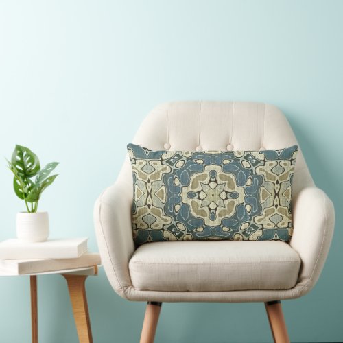 Teal Blue Green Gray Ochre Hip Bohemian Bali Art Lumbar Pillow