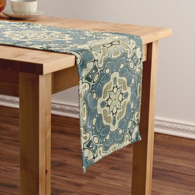 Teal Blue Green Gray Ochre Hip Bohemian Bali Art Medium Table Runner (In Situ)