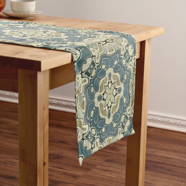 Teal Blue Green Gray Ochre Hip Bohemian Bali Art Short Table Runner (In Situ)